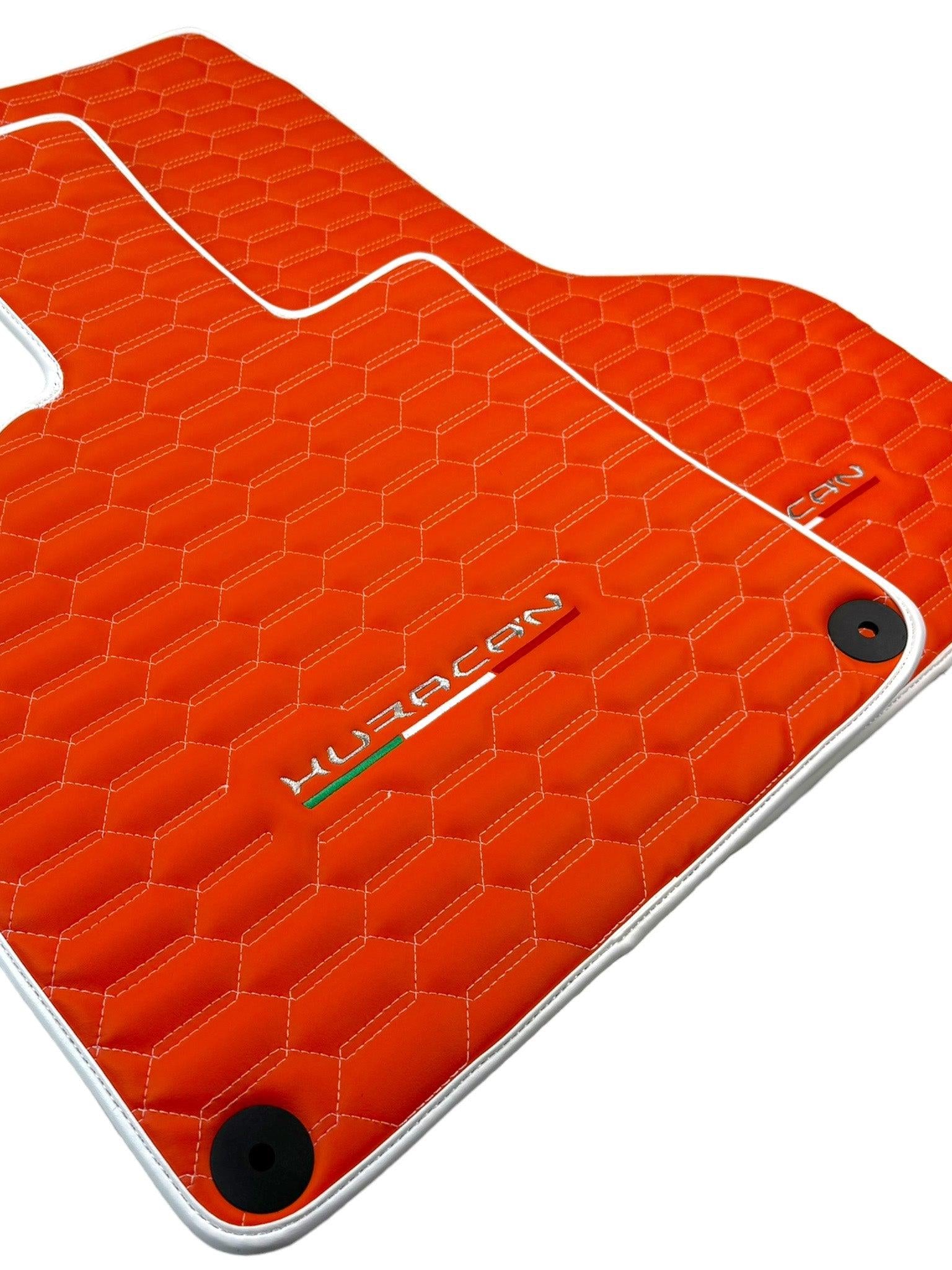 Orange Leather Floor Mats for Lamborghini Huracan with White Trim