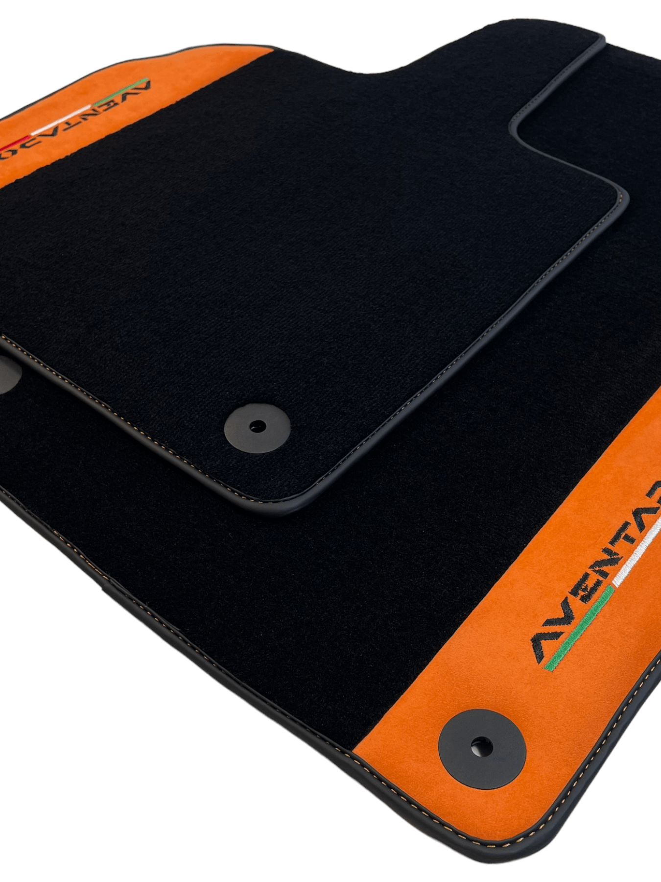 Black Floor Mats for Lamborghini Aventador With Orange Alcantara Leather - AutoWin