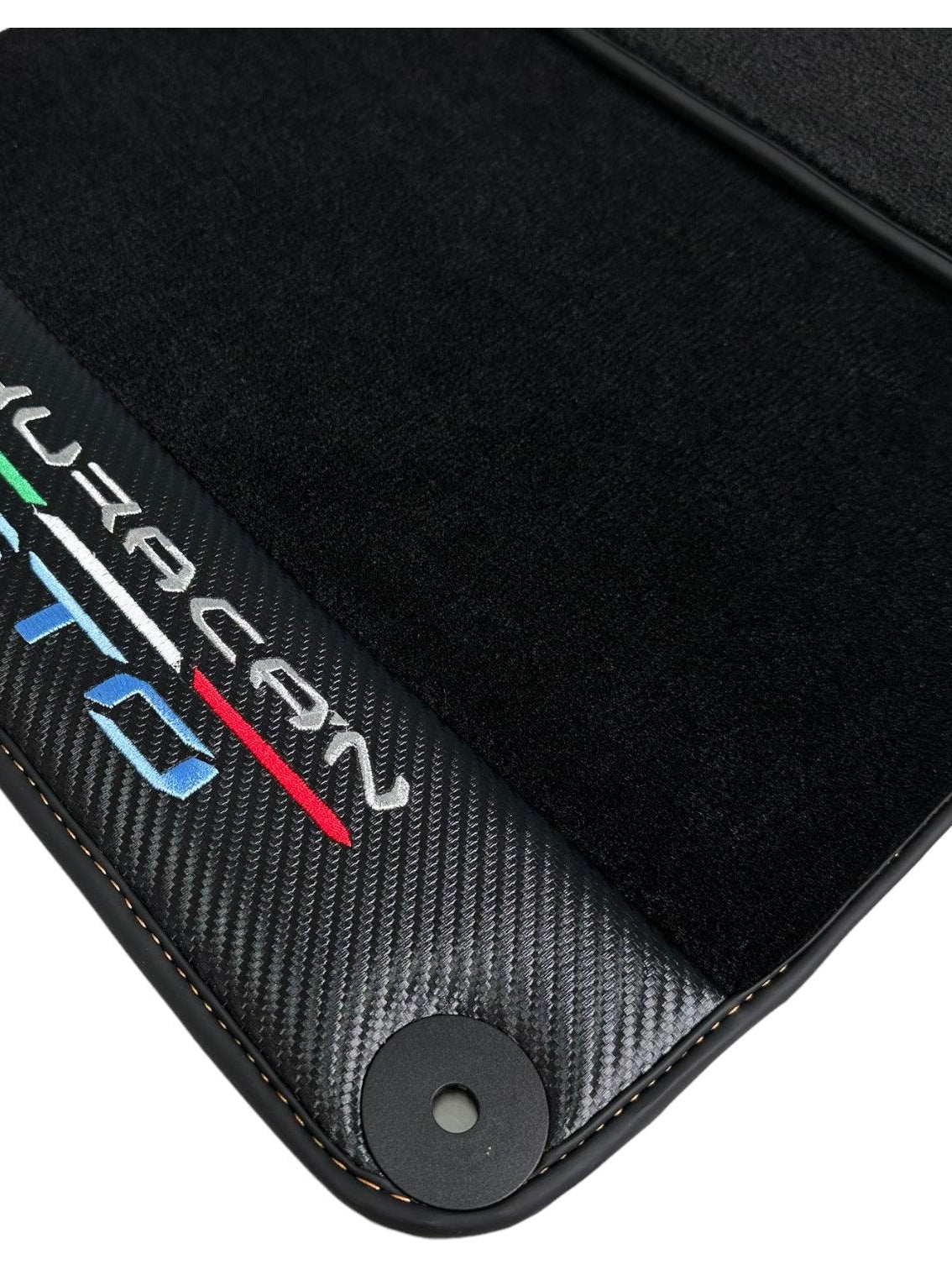 Black Floor Mats for Lamborghini Huracan STO With Carbon Fiber Leather Orange Sewing - AutoWin