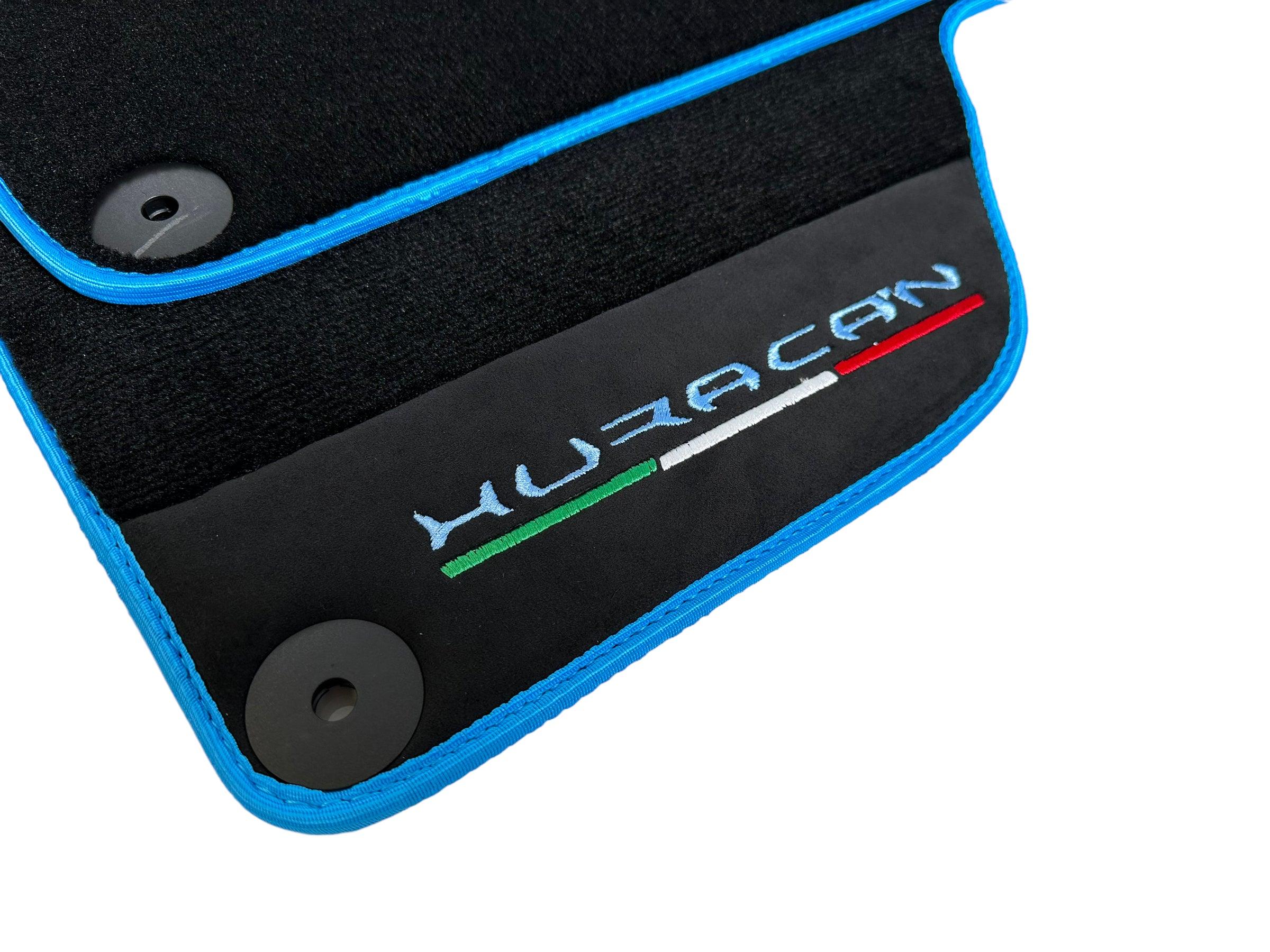 Black Floor Mats for Lamborghini Huracan With Alcantara Leather Light Blue Trim - AutoWin