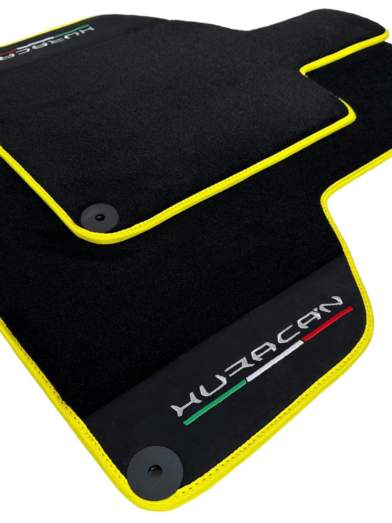 Black Floor Mats for Lamborghini Huracan With Alcantara Leather Yellow Trim - AutoWin