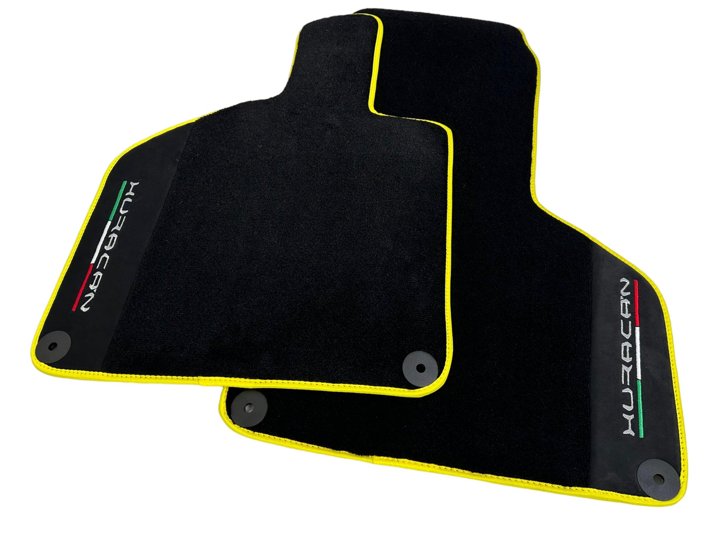 Black Floor Mats for Lamborghini Huracan With Alcantara Leather Yellow Trim - AutoWin