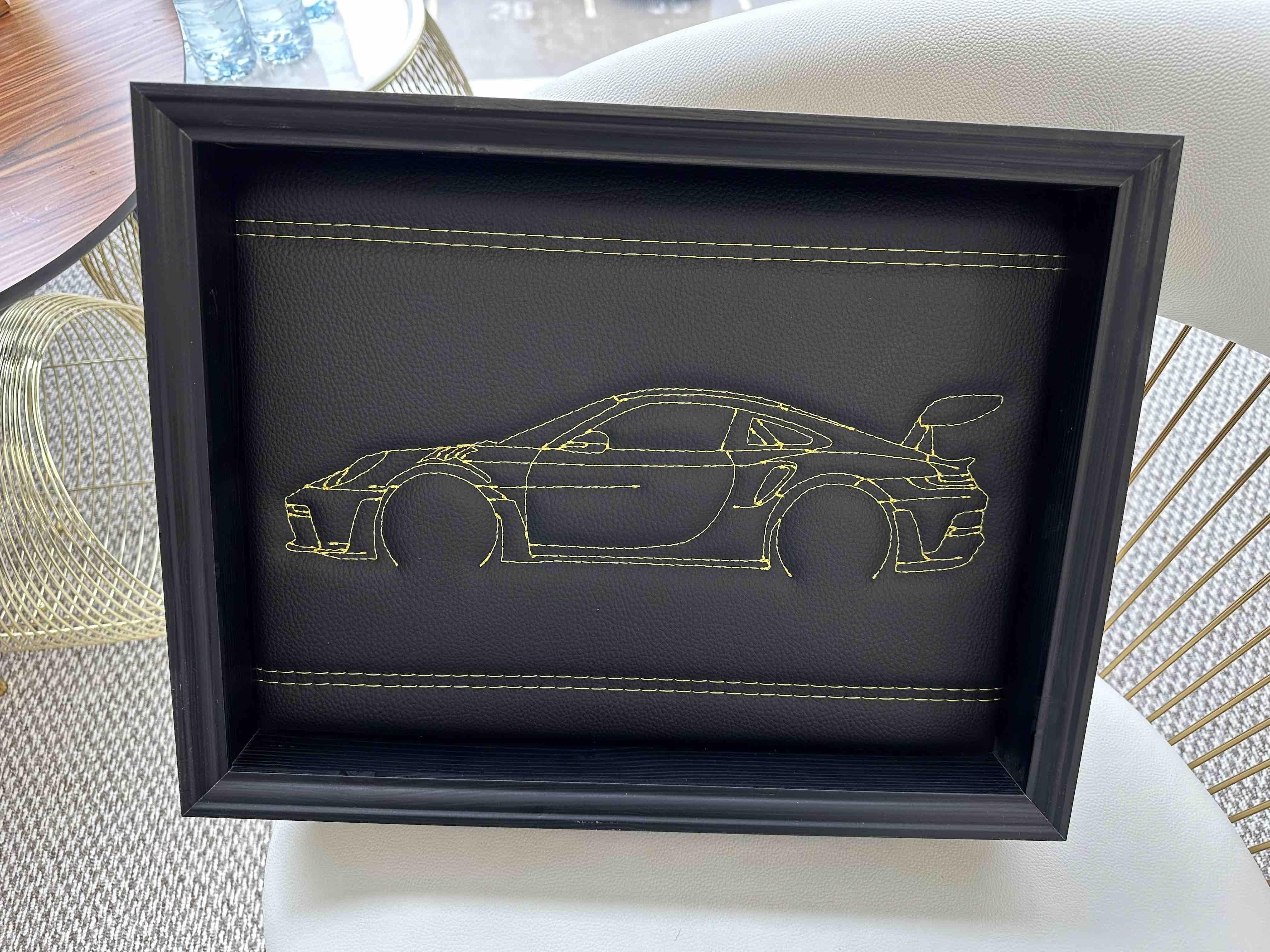 Black Leather Porsche 911 - 992 Inspired Wall Art: Embroidered Yellow Stitch Luxury Decor - AutoWin