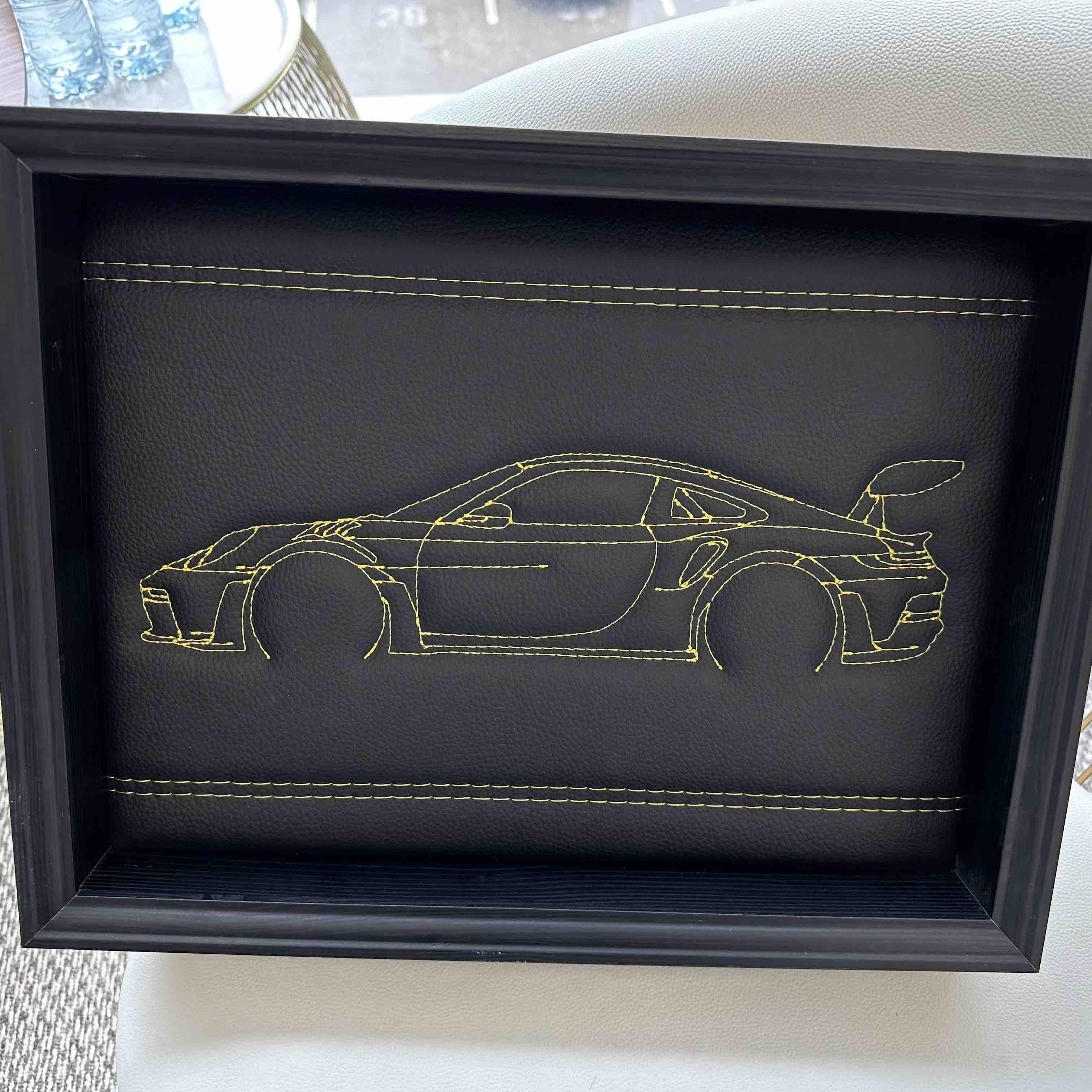 Black Leather Porsche 911 - 992 Inspired Wall Art: Embroidered Yellow Stitch Luxury Decor - AutoWin