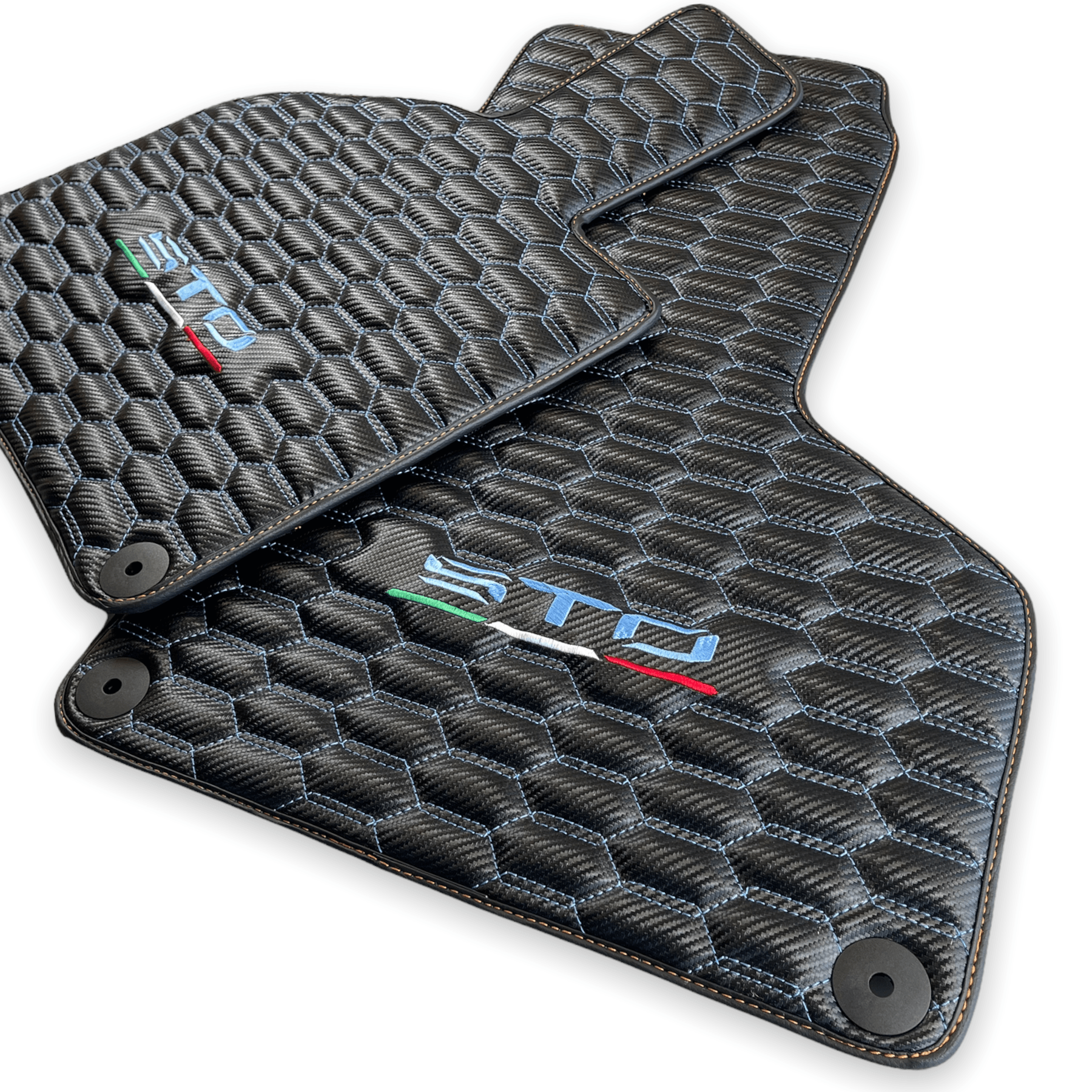 Carbon Leather Floor Mats for Lamborghini Huracan Sto Blue Stitching - AutoWin