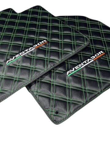 Floor Mats for Lamborghini Aventador Carbon Fiber Leather Green Stitching - AutoWin