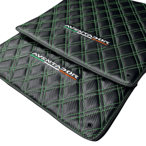 Floor Mats for Lamborghini Aventador Carbon Fiber Leather Green Stitching - AutoWin