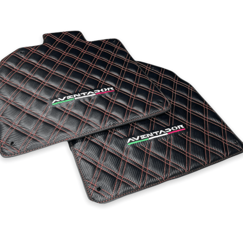 Floor Mats for Lamborghini Aventador Carbon Fiber Leather Red Stitching - AutoWin