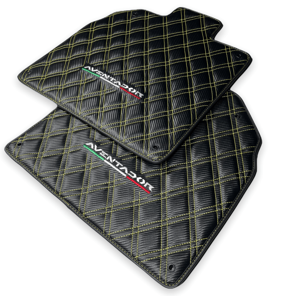 Floor Mats for Lamborghini Aventador Carbon Fiber Leather Yellow Stitching - AutoWin