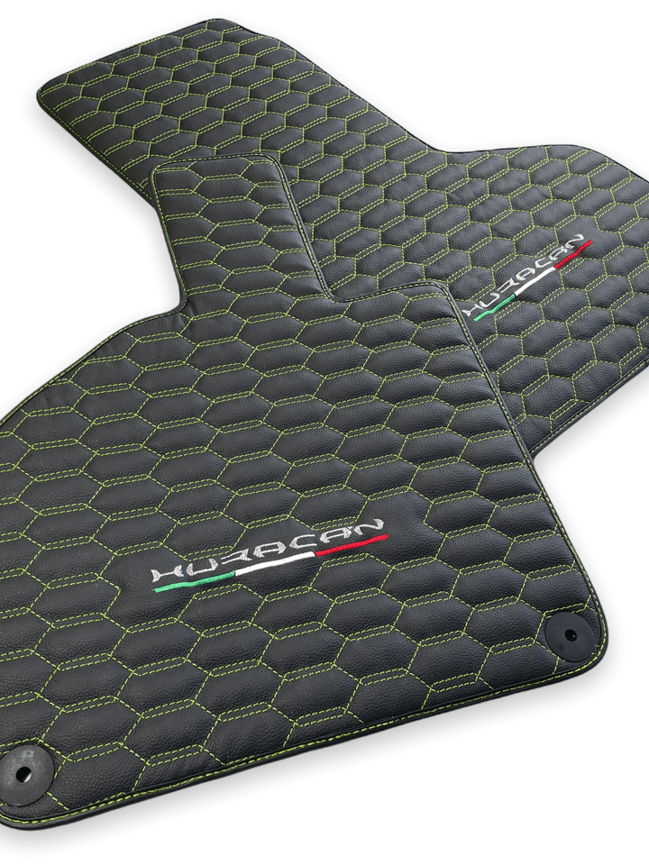 Floor Mats for Lamborghini Huracan Leather Green Stitching - AutoWin