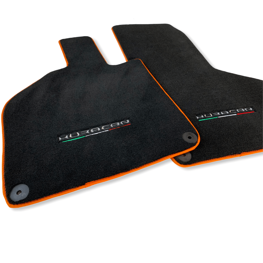 Floor Mats for Lamborghini Huracan With Italian Flag and Huracan Logo Orange Embroidery - AutoWin