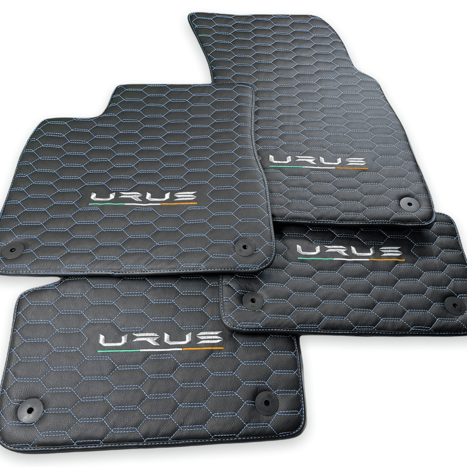 Floor Mats For Lamborghini Urus Leather Blue Stitching - AutoWin