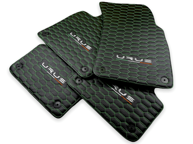 Floor Mats For Lamborghini Urus Leather Green Stitching - AutoWin