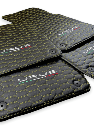 Floor Mats For Lamborghini Urus Leather Yellow Stitching - AutoWin