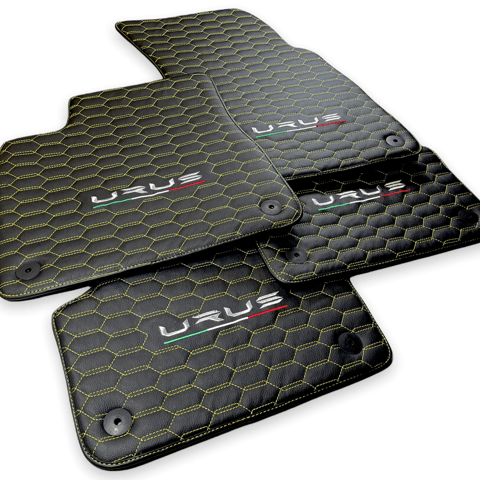 Floor Mats For Lamborghini Urus Leather Yellow Stitching - AutoWin